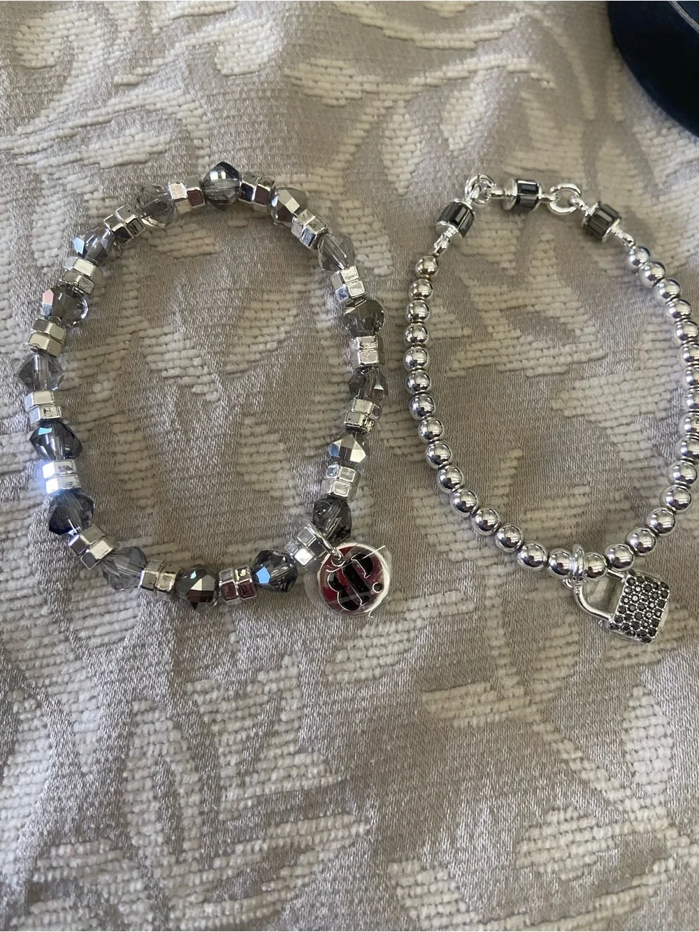 Silver Beaded Charm Bracelet Set with Lock Accent - Women Jewelry